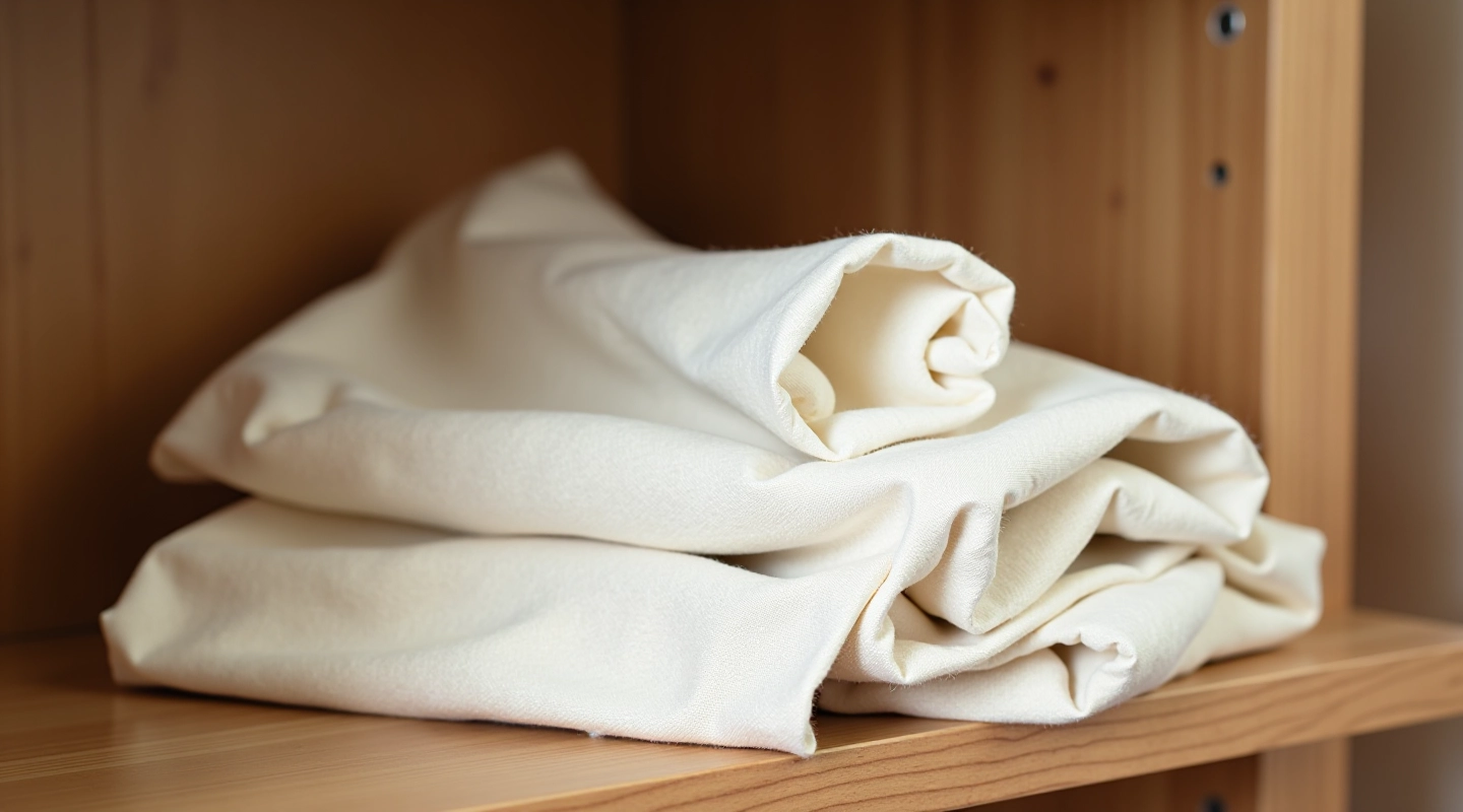 Carefully folded natural linen wrap on a wooden shelf with soft lighting
