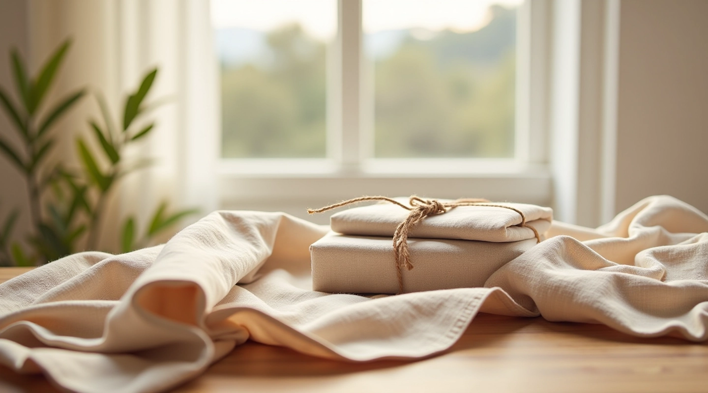 Handmade linen gift wrapping sets arranged in natural light, showing folded fabrics and natural dyes