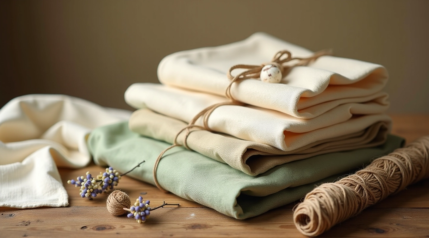 Folded linen fabric gift wraps in natural earth tones arranged on wooden surface with twine and decorative elements