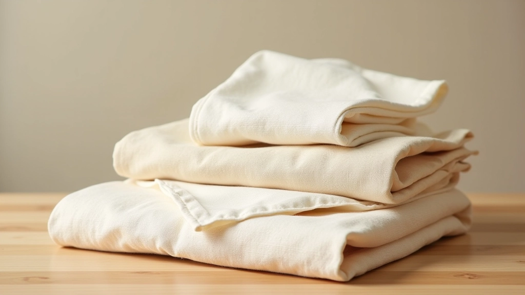 Folded linen wraps in various natural colors stacked neatly, showing texture and weave pattern