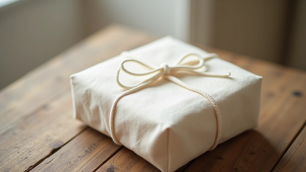 Wrapped gift package using natural linen wrap, sitting on a wooden surface with soft lighting