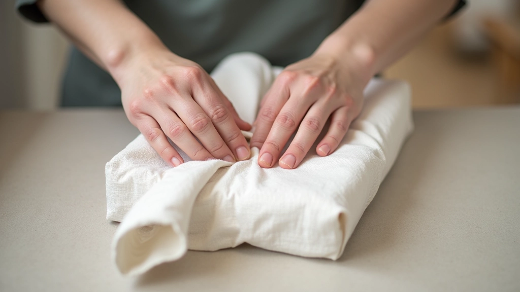 Hands demonstrating a clean linen folding technique for gift wrapping without tape