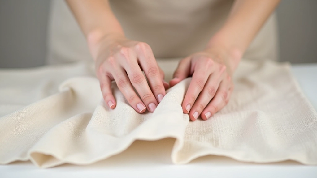 Hands demonstrating folding technique with natural linen fabric on neutral background