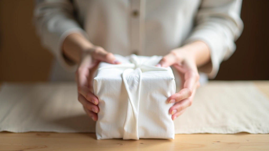 Hands demonstrating the square wrap folding technique with white linen and cubic box