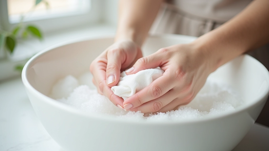 Hands gently washing a natural linen wrap in cool water with mild soap