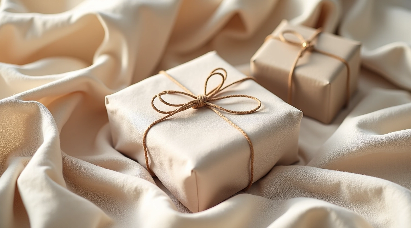 Linen fabrics in natural colors with varied textures arranged for gift wrapping composition