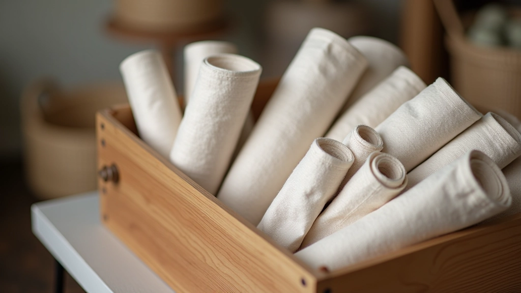 Linen storage solution with rolled fabrics in organized wooden container