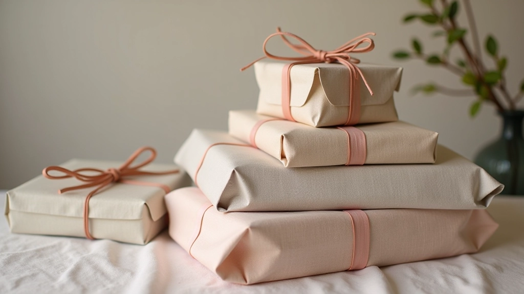 Multiple wrapped gifts in coordinated linen colors stacked together