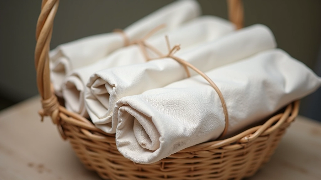 Neatly folded and stored linen wraps in a woven basket showing proper care