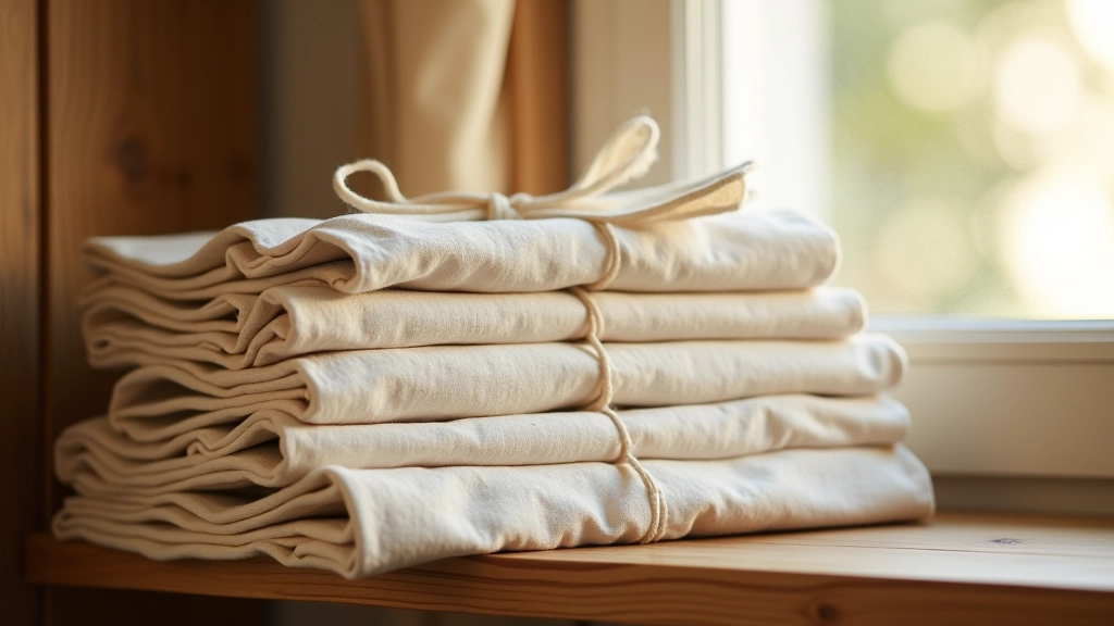 Neatly organized stack of folded linen wraps in neutral colors on a wooden shelf with natural lighting