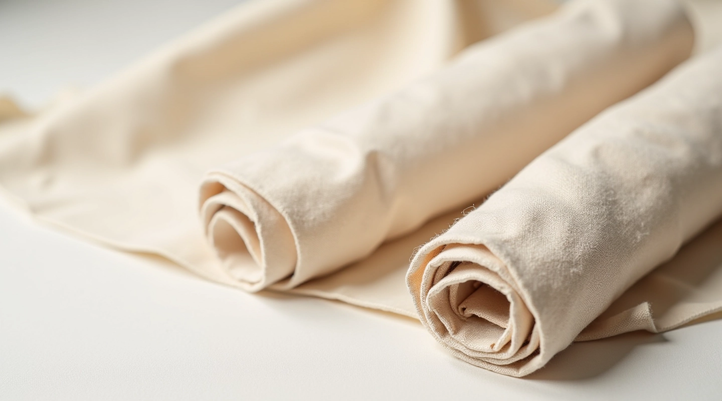 Rolled linen fabric in natural beige tones showing texture and weave