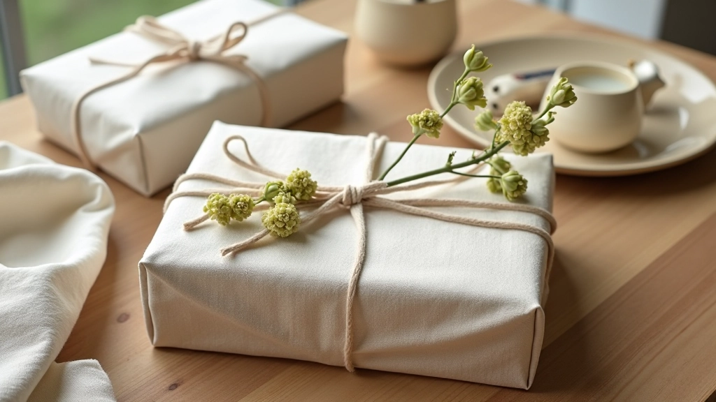 Linen-wrapped gift boxes in natural earth tones arranged on wooden table with fresh flowers and natural sunlight