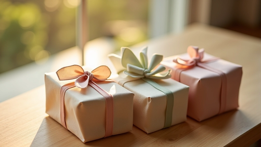 Collection of wrapped gifts in different linen colors showing all three folding techniques