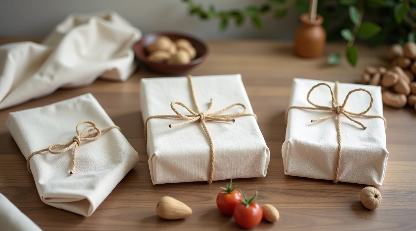 Three folding techniques for linen gift wraps displayed on wooden surface with natural materials