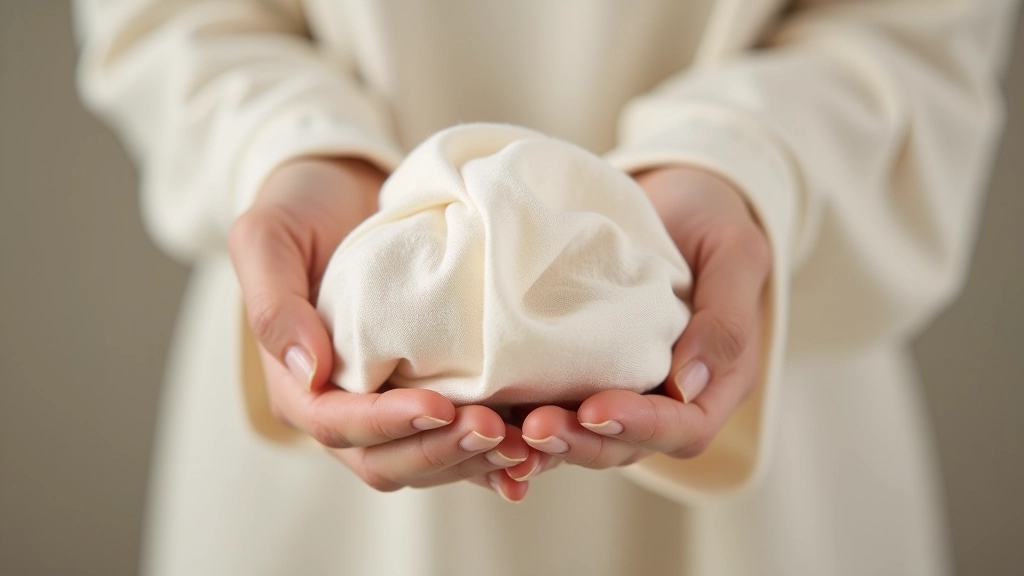Hand holding linen wrap material, showing the natural weave and soft texture up close